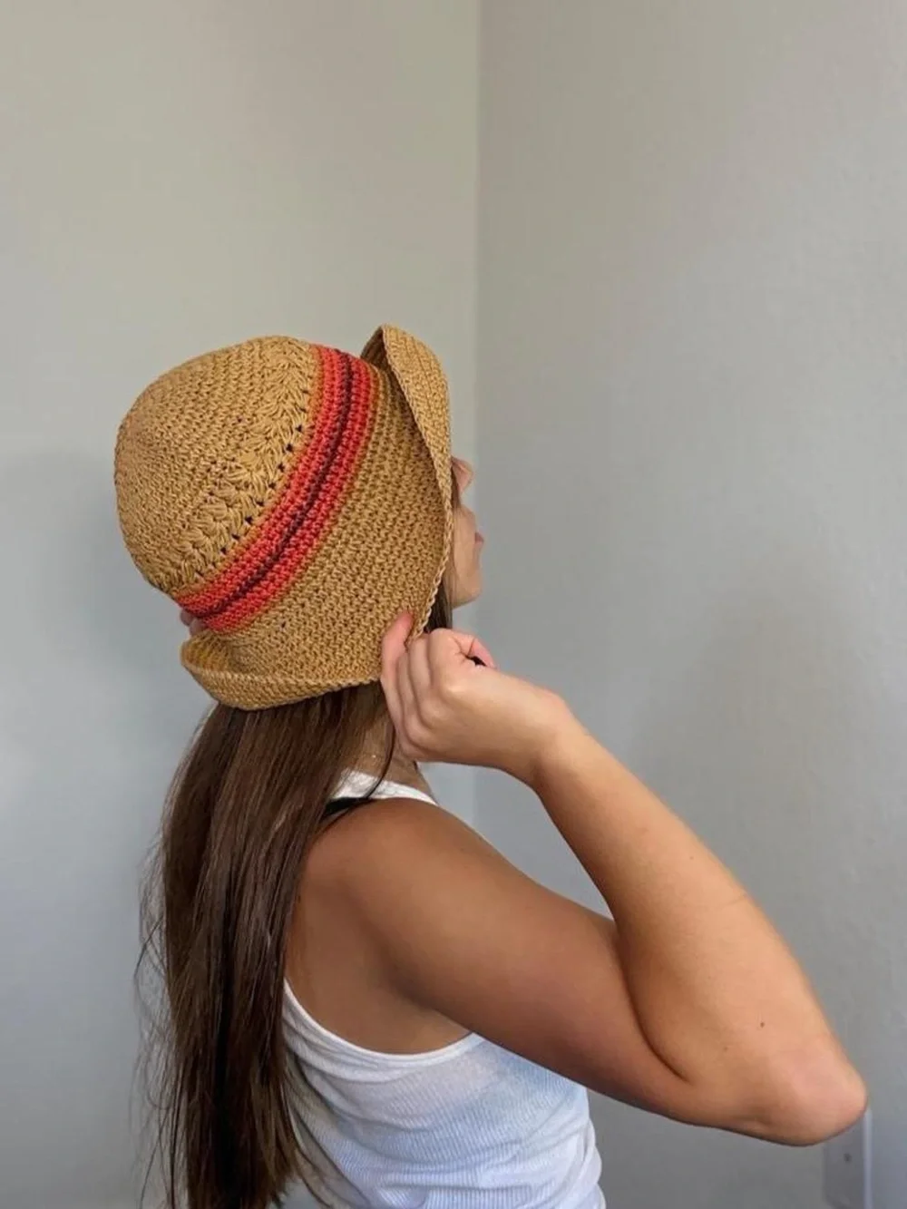Vintage Brown paper bucket hat with red stripes